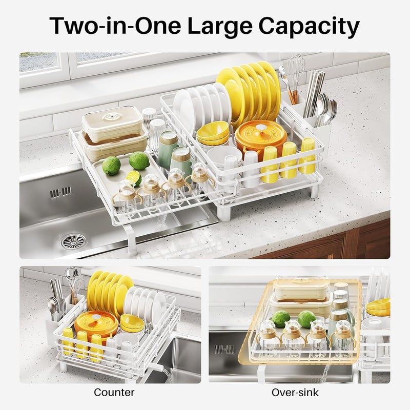 SNTD Dish Drying Rack - Extendable Dish Rack, Large Sink Drying Dish Drainer for Kitchen Counter, Stainless Steel Dish Strainer with Utensil Holder (White) - Image 3